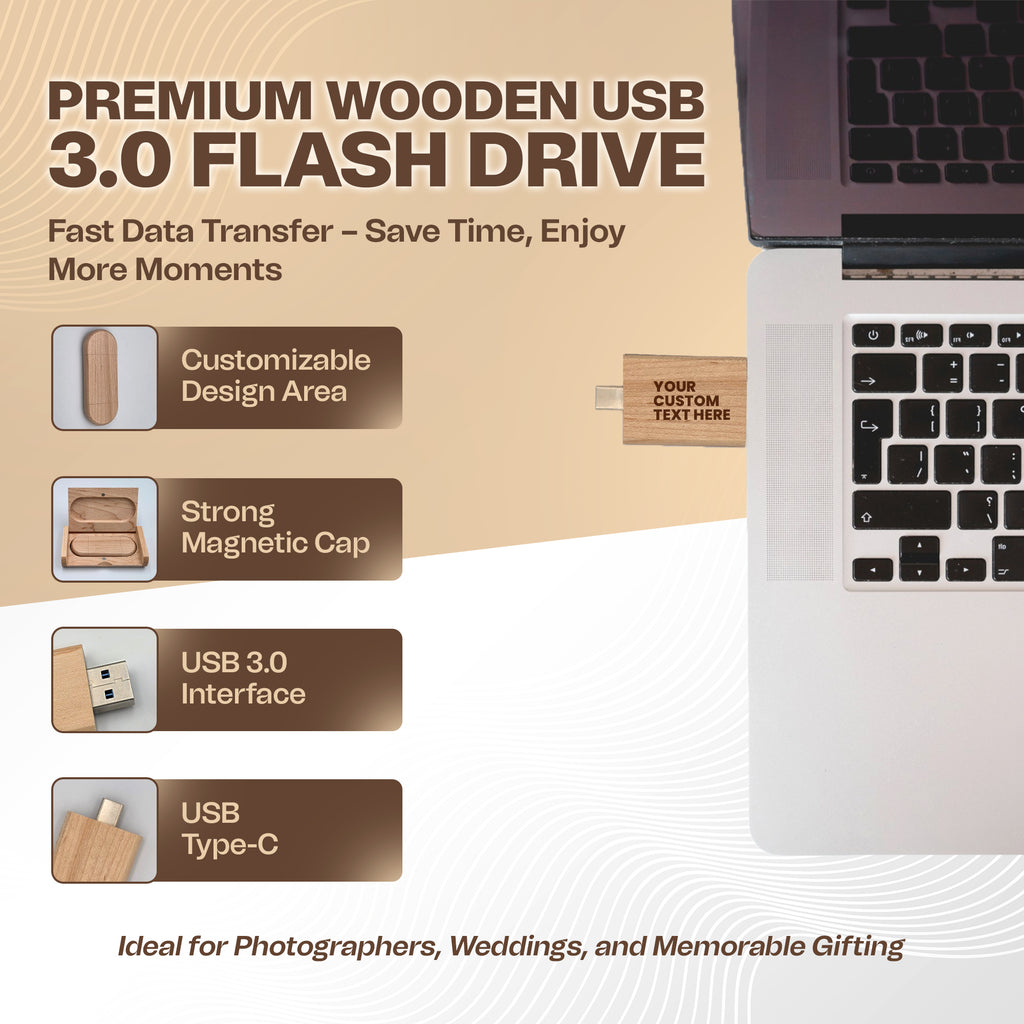 Engraved Wooden Dual USB C&A Flash Drive with Box: Personalized Wedding Photographer Gift