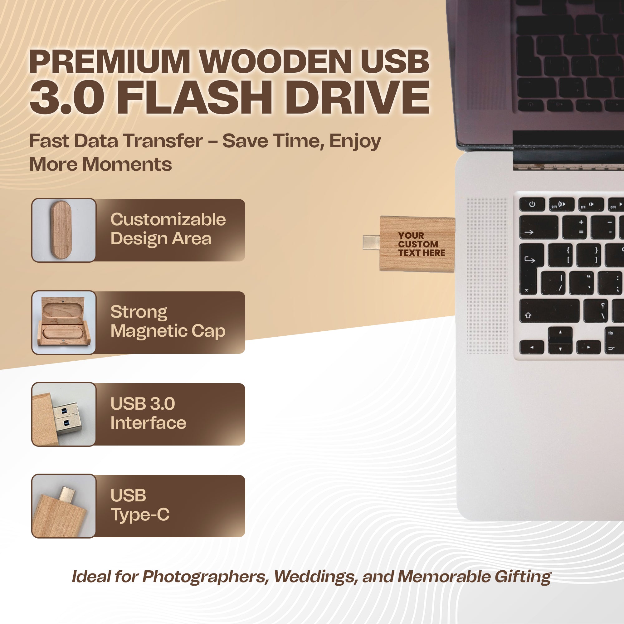 Engraved Wooden Dual USB C&A Flash Drive with Box: Personalized Wedding Photographer Gift