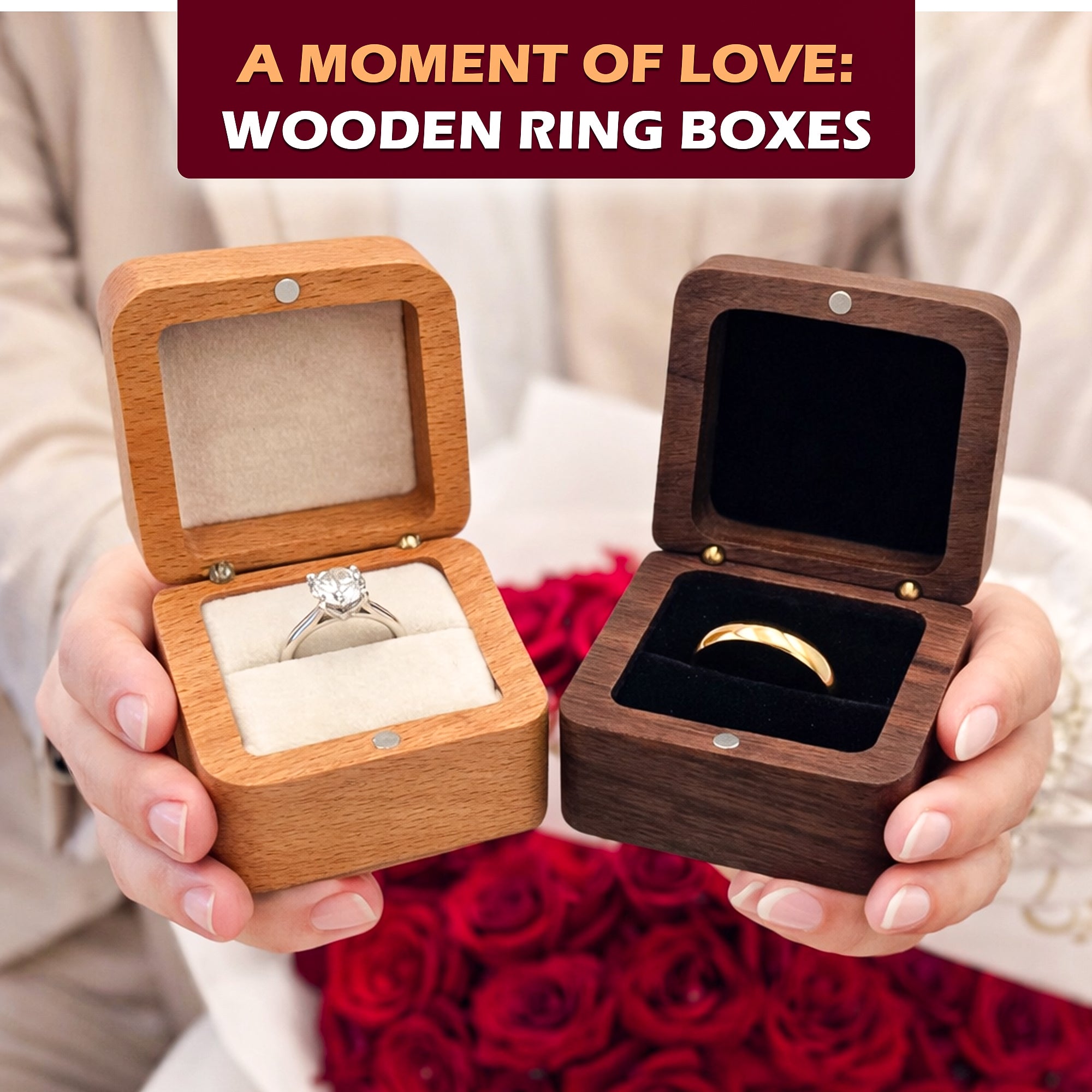 Engraved Walnut Wooden Ring Box , Personalized Anniversary&Engagement Keepsake, Ring Holder Box For Wedding Ceremony, Square Ring Bearer Box