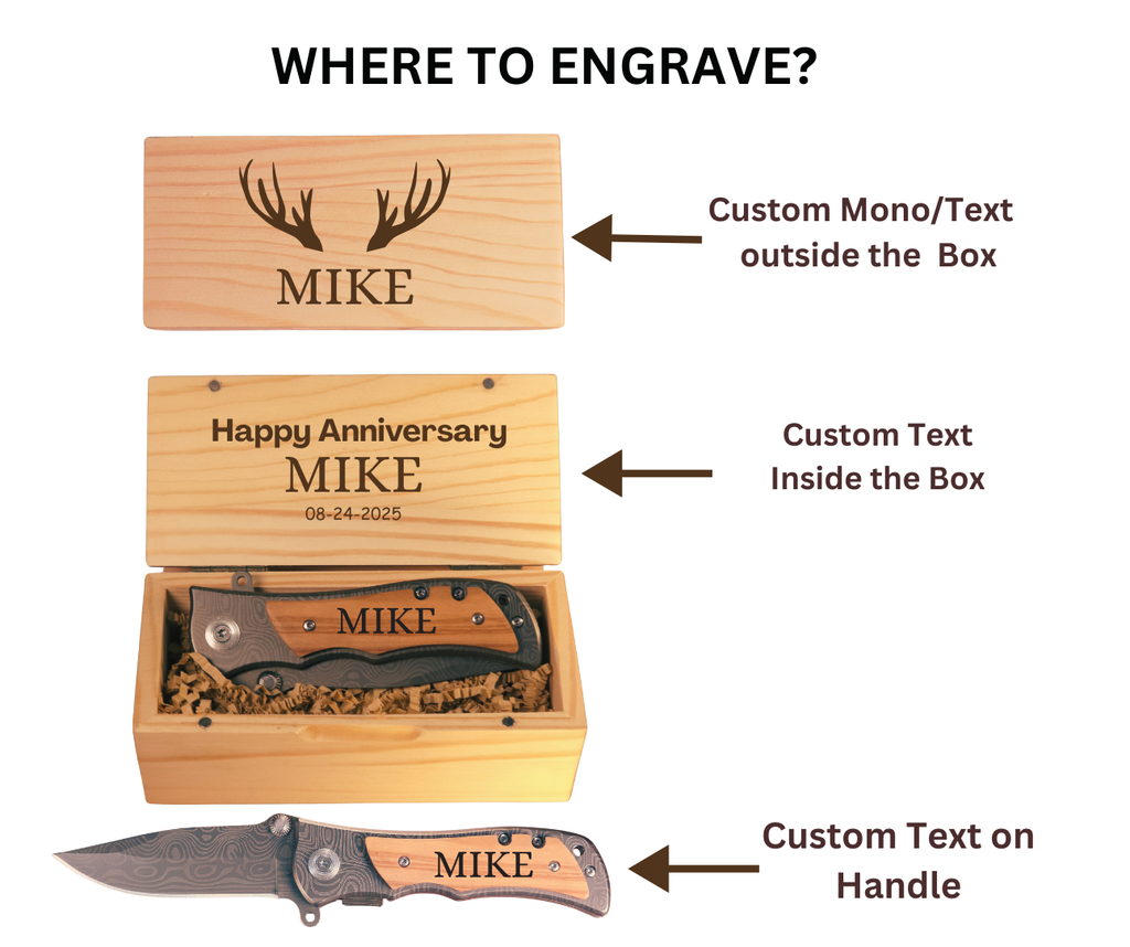 Personalized Engraved Wood Pocket Knife with Optional Gift Box Damascus