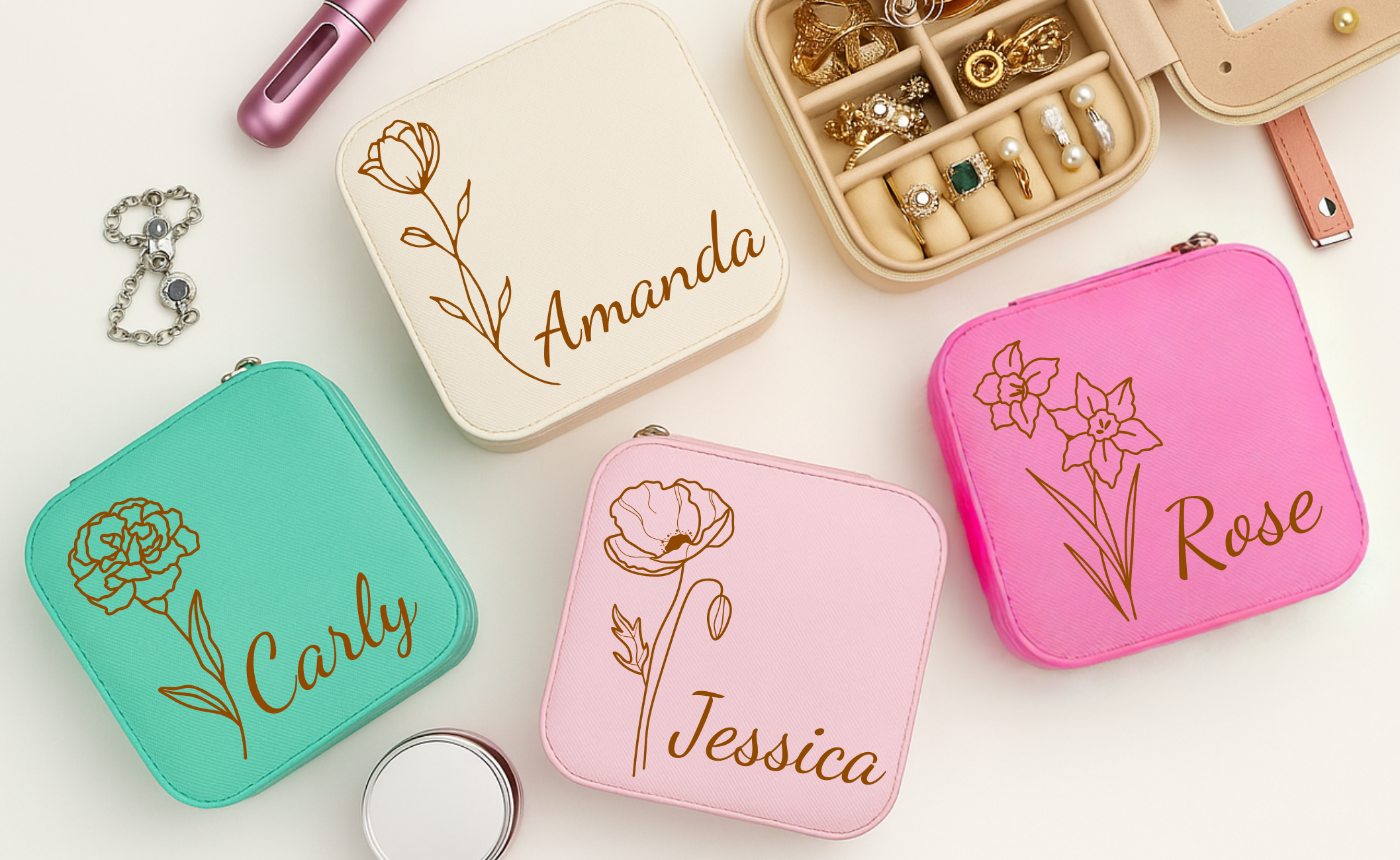 Personalized Birth Flower Jewelry Case - Travel Jewelry Organizer with Mirror - Bridesmaids Gift for Mom