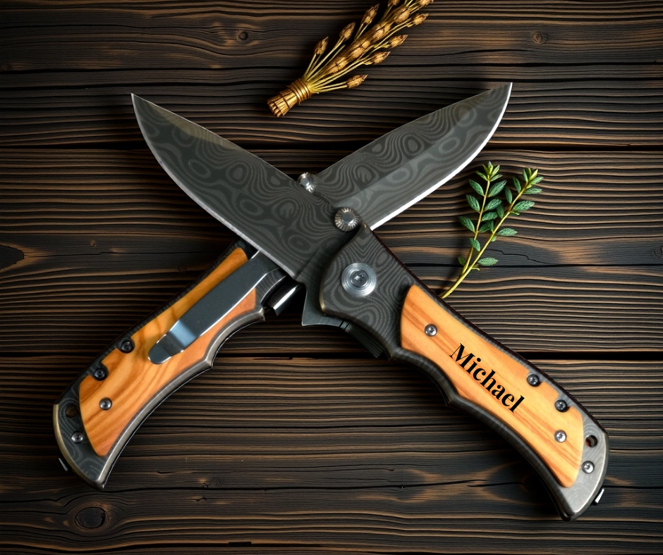 Personalized Engraved Burl Wood Pocket Knife with Optional Gift Box