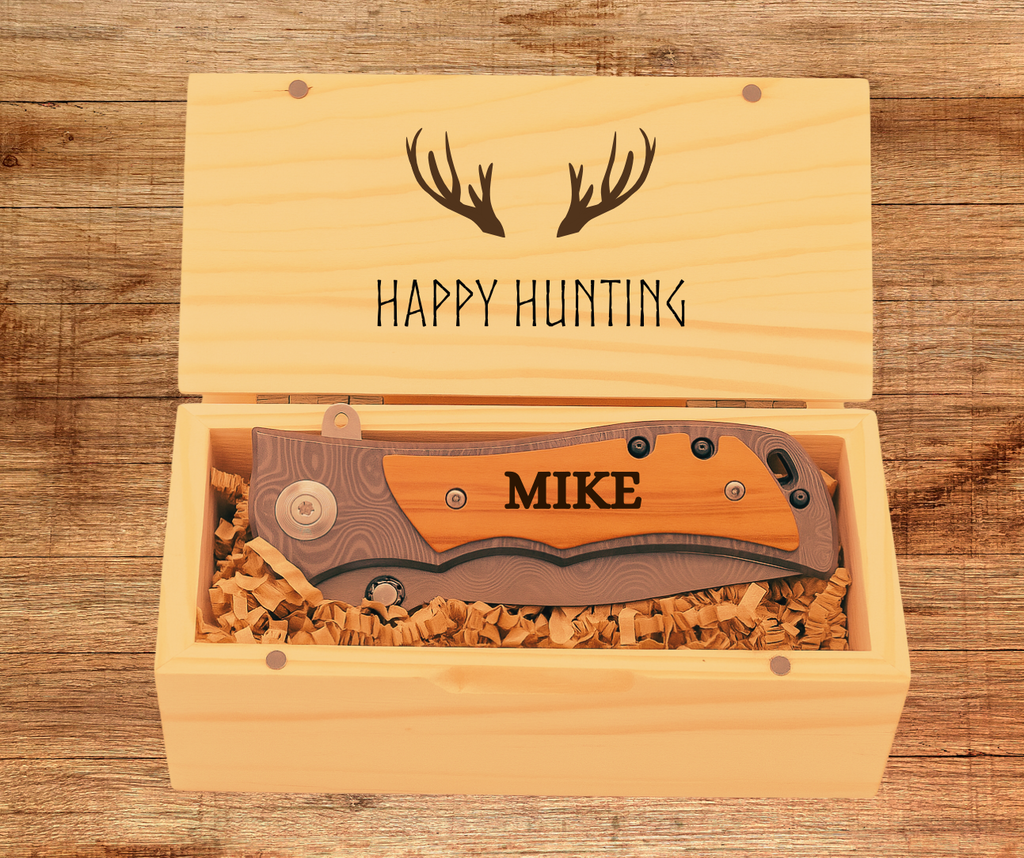 Personalized Engraved Wood Pocket Knife with Optional Gift Box Damascus