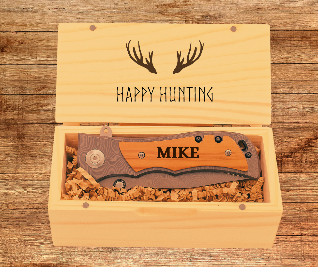 Personalized Engraved Wood Pocket Knife with Optional Gift Box Damascus