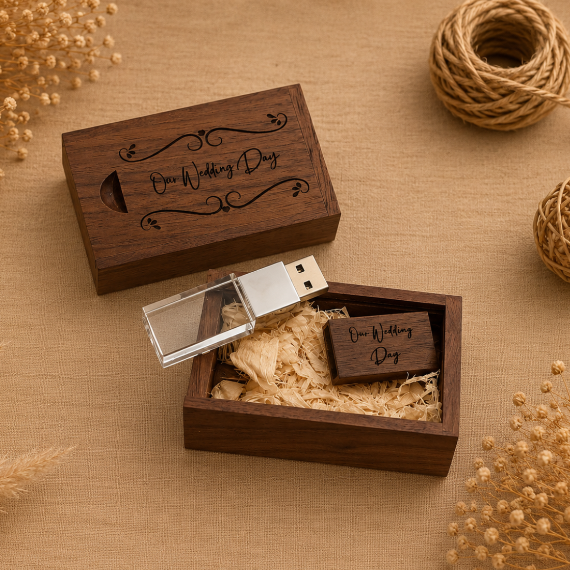 USB with Box, Engraved Wooden Crystal USB Gift for Couples, Wedding Anniversary Gift for Husband Photographers Accessories, Flash Drive Memory Stick