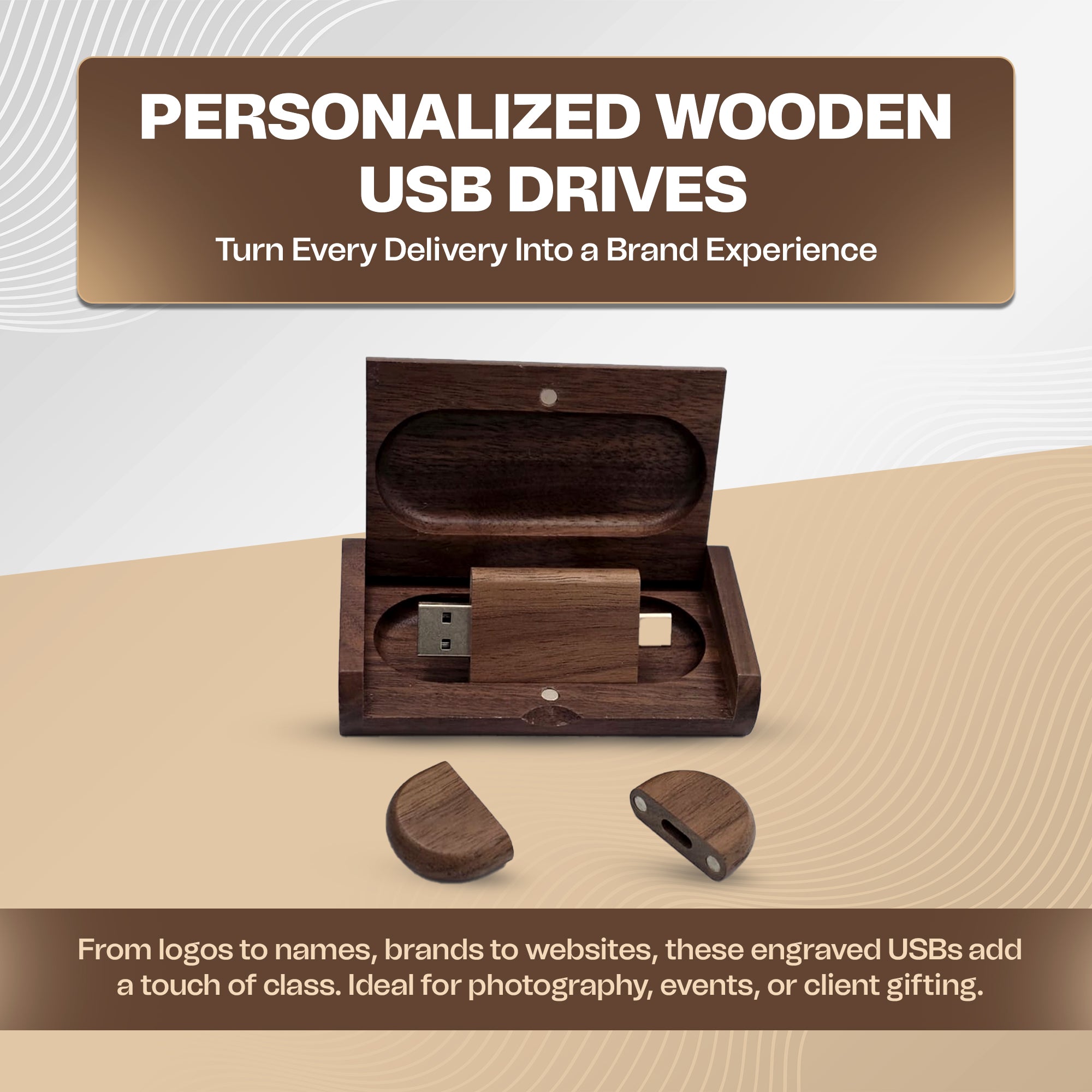 Engraved Wooden Dual USB C&A Flash Drive with Box: Personalized Wedding Photographer Gift