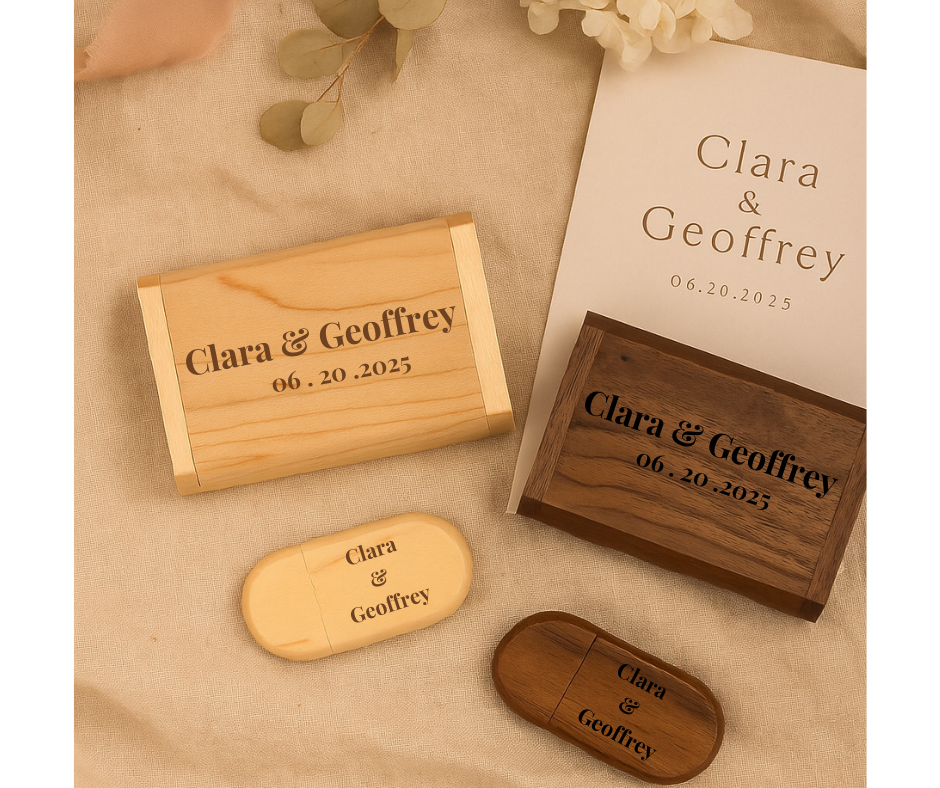 Personalized Wooden USB with Box Custom Logo, Name & Date Photo Storage Keepsake for Weddings, Gifts Branding Photographers Custom Engraved