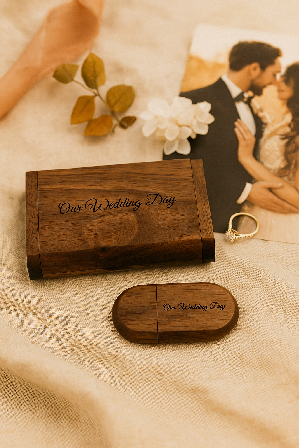 Personalized Wooden USB with Box Custom Logo, Name & Date Photo Storage Keepsake for Weddings, Gifts Branding Photographers Custom Engraved