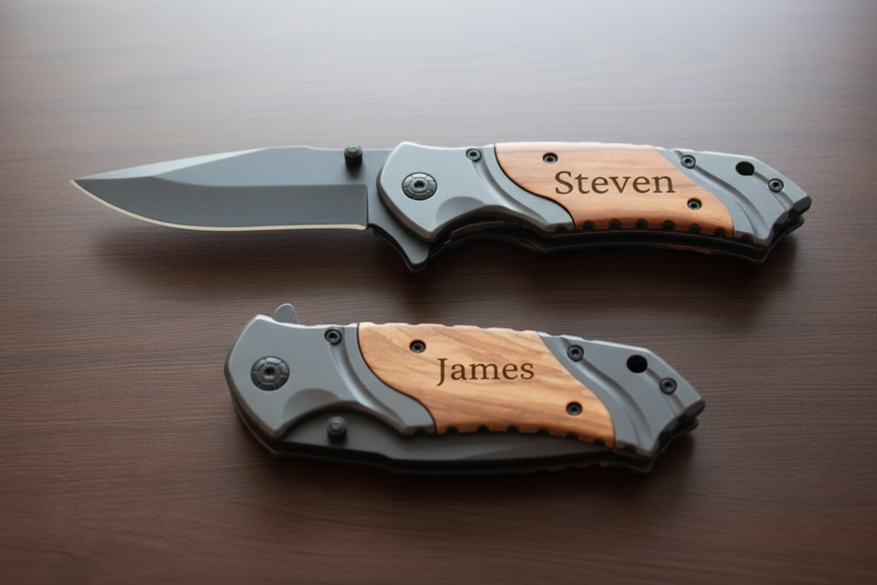 Personalized Engraved Burl Wood Pocket Knife with Optional Gift Box