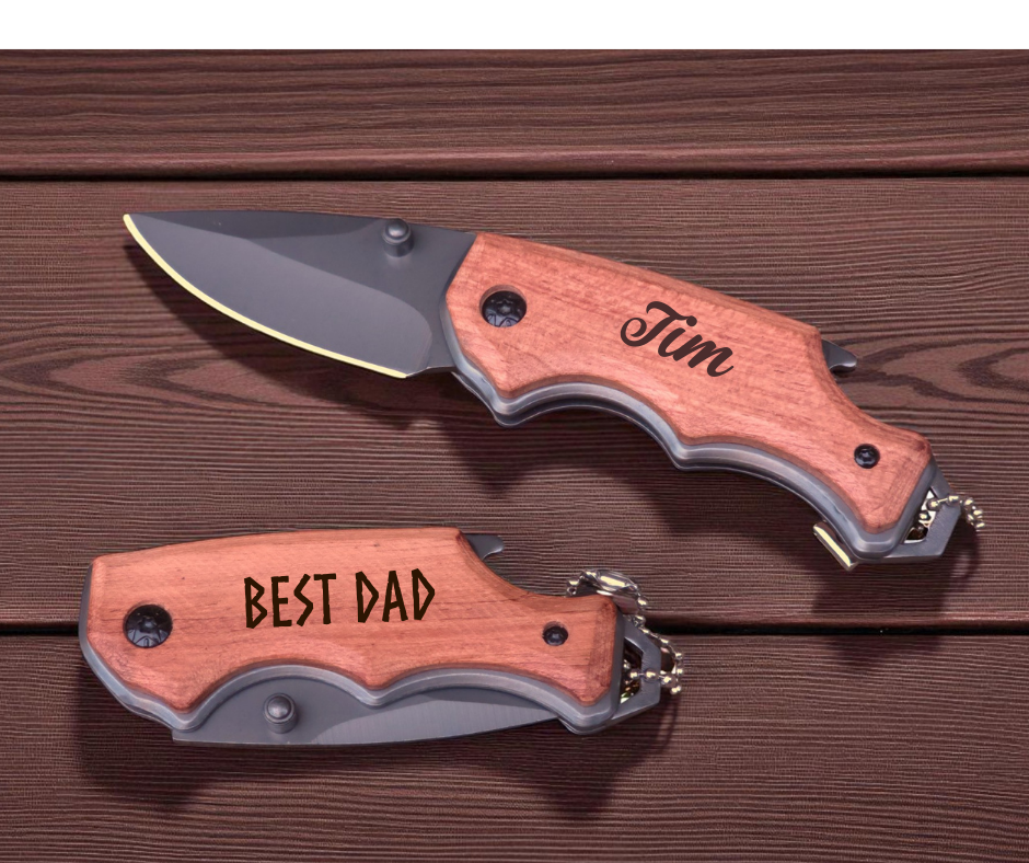 Personalized Engraved Burl Wood Pocket Knife with Optional Gift Box
