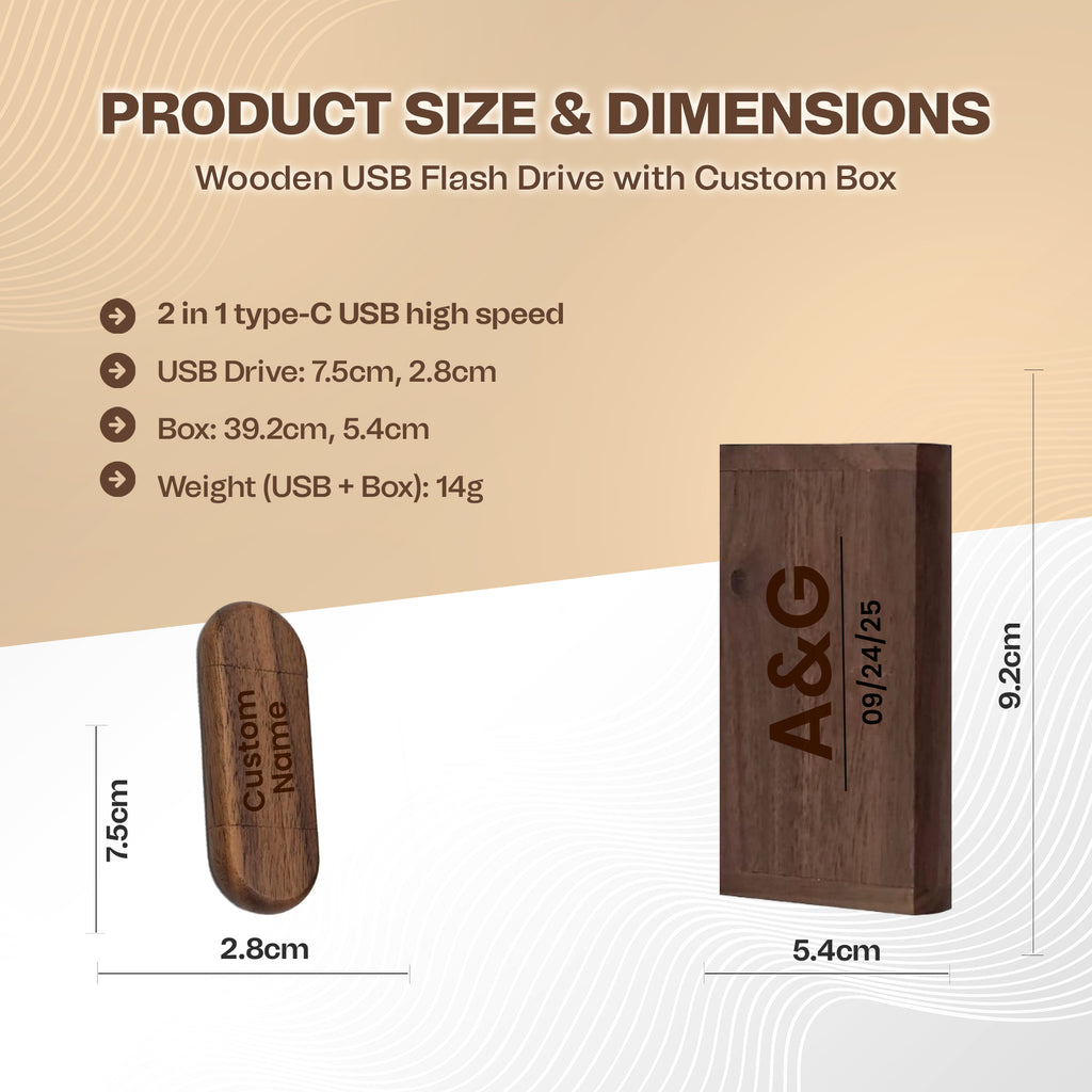 Engraved Wooden Dual USB C&A Flash Drive with Box: Personalized Wedding Photographer Gift