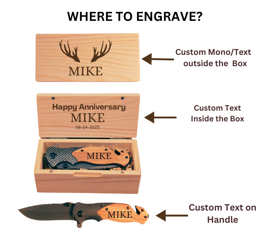 Personalized Engraved Burl Wood Pocket Knife with Optional Gift Box