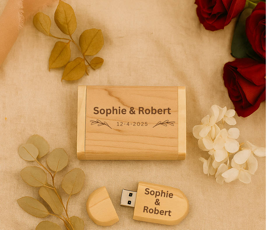 Personalized Wooden USB with Box Custom Logo, Name & Date Photo Storage Keepsake for Weddings, Gifts Branding Photographers Custom Engraved