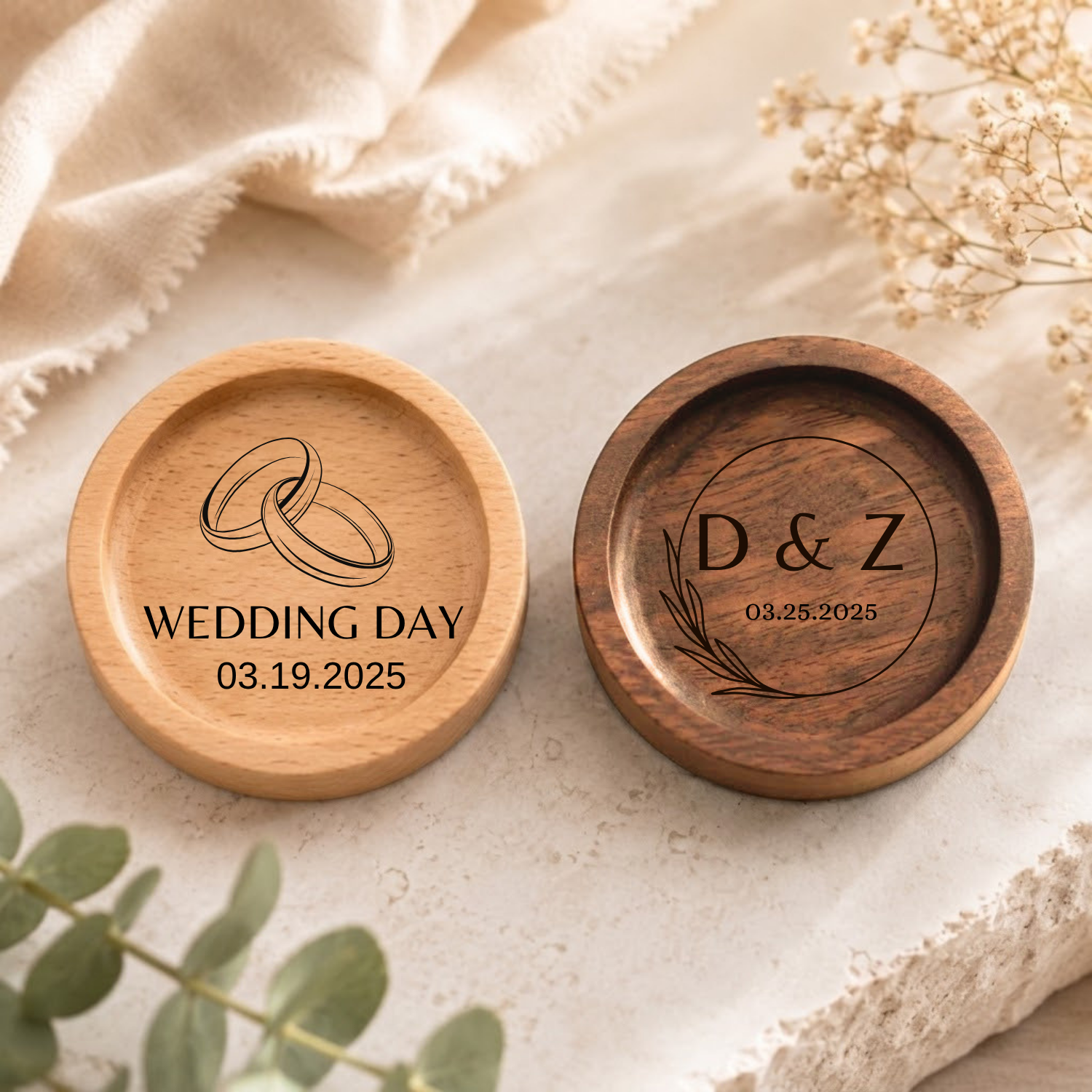 Personalized Wood Ring Dish, Custom Wedding Ring Holder, Engraved Ring Bearer Tray, Walnut or Maple Jewelry Dish, Wedding Day Keepsake Gift