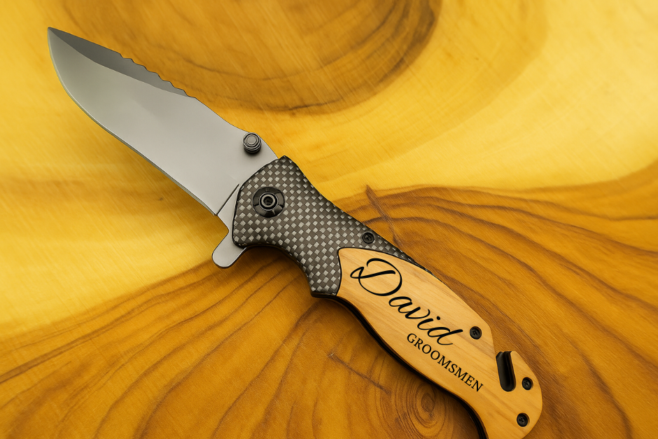 Personalized Engraved Burl Wood Pocket Knife with Optional Gift Box