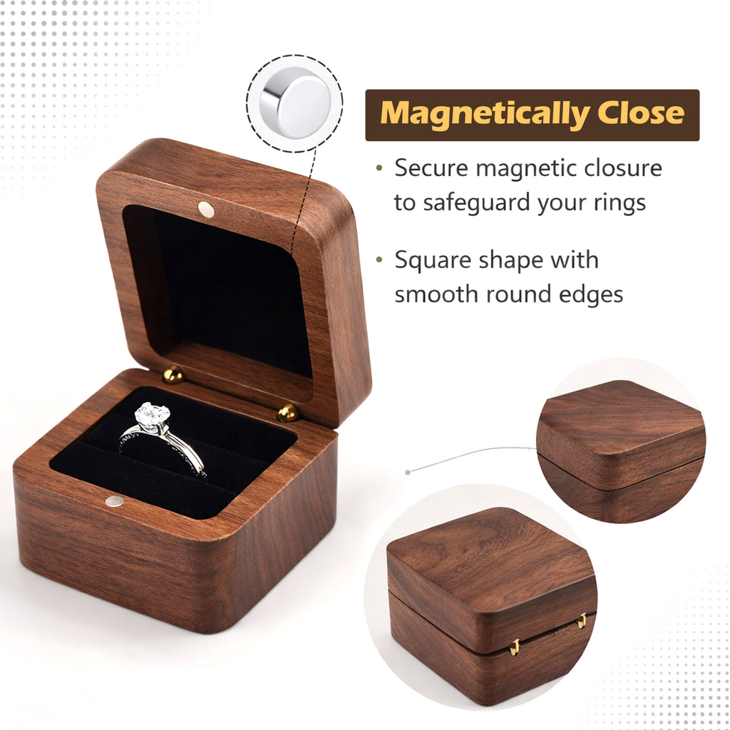 Engraved Walnut Wooden Ring Box , Personalized Anniversary&Engagement Keepsake, Ring Holder Box For Wedding Ceremony, Square Ring Bearer Box