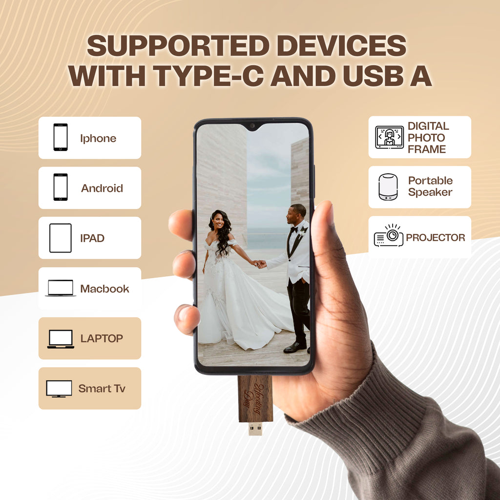Engraved Wooden Dual USB C&A Flash Drive with Box: Personalized Wedding Photographer Gift