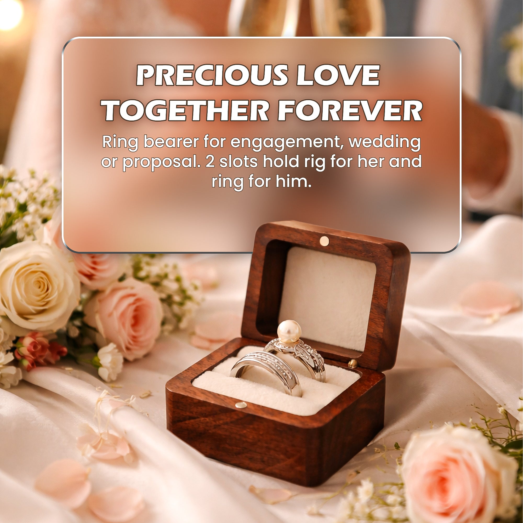 Engraved Walnut Wooden Ring Box , Personalized Anniversary&Engagement Keepsake, Ring Holder Box For Wedding Ceremony, Square Ring Bearer Box
