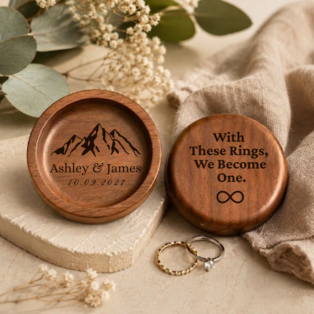 Personalized Wood Ring Dish, Custom Wedding Ring Holder, Engraved Ring Bearer Tray, Walnut or Maple Jewelry Dish, Wedding Day Keepsake Gift