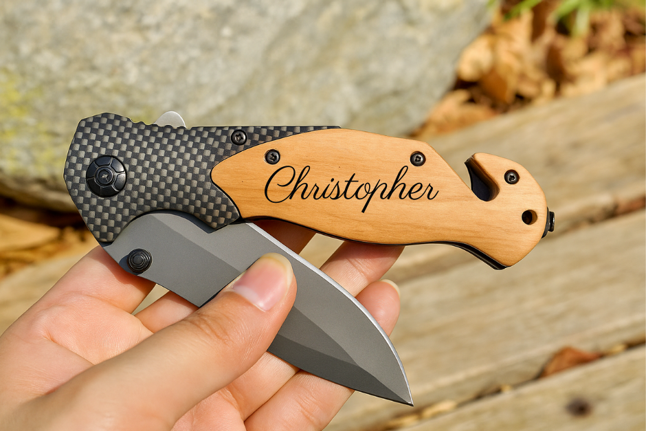 Personalized Engraved Burl Wood Pocket Knife with Optional Gift Box