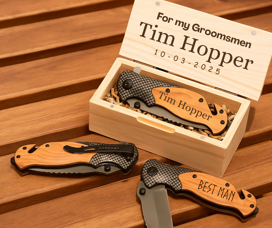 Personalized Engraved Burl Wood Pocket Knife with Optional Gift Box