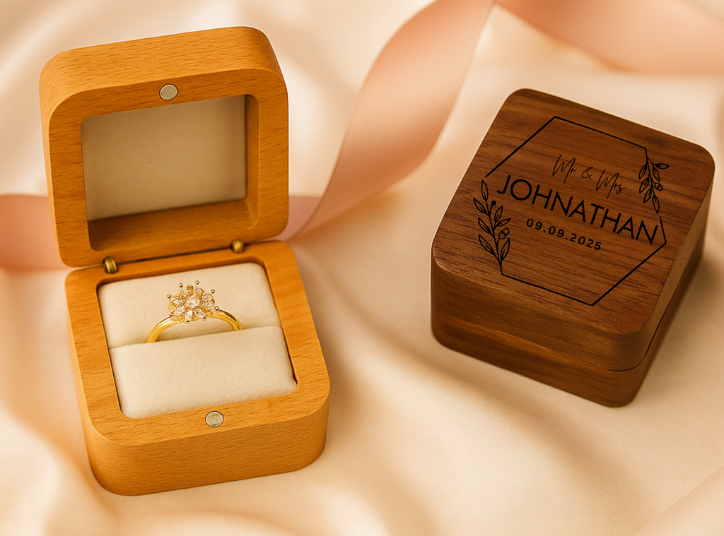 Engraved Walnut Wooden Ring Box , Personalized Anniversary&Engagement Keepsake, Ring Holder Box For Wedding Ceremony, Square Ring Bearer Box