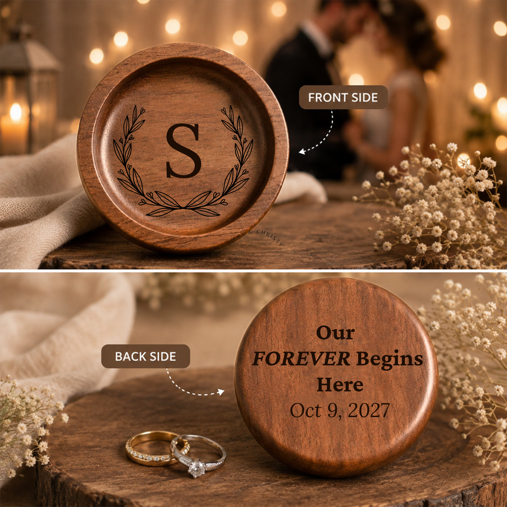 Personalized Wood Ring Dish, Custom Wedding Ring Holder, Engraved Ring Bearer Tray, Walnut or Maple Jewelry Dish, Wedding Day Keepsake Gift