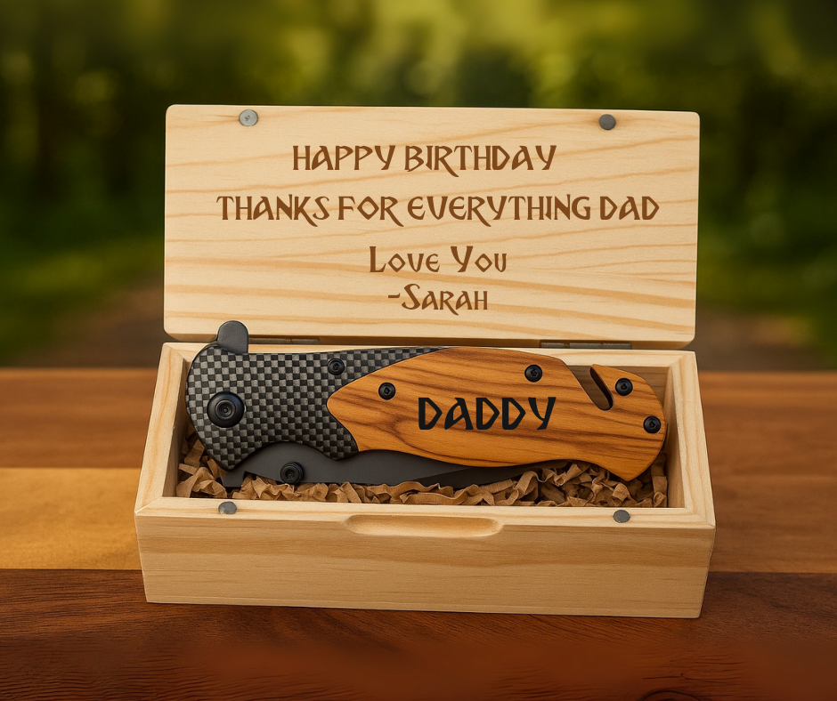 Personalized Engraved Burl Wood Pocket Knife with Optional Gift Box