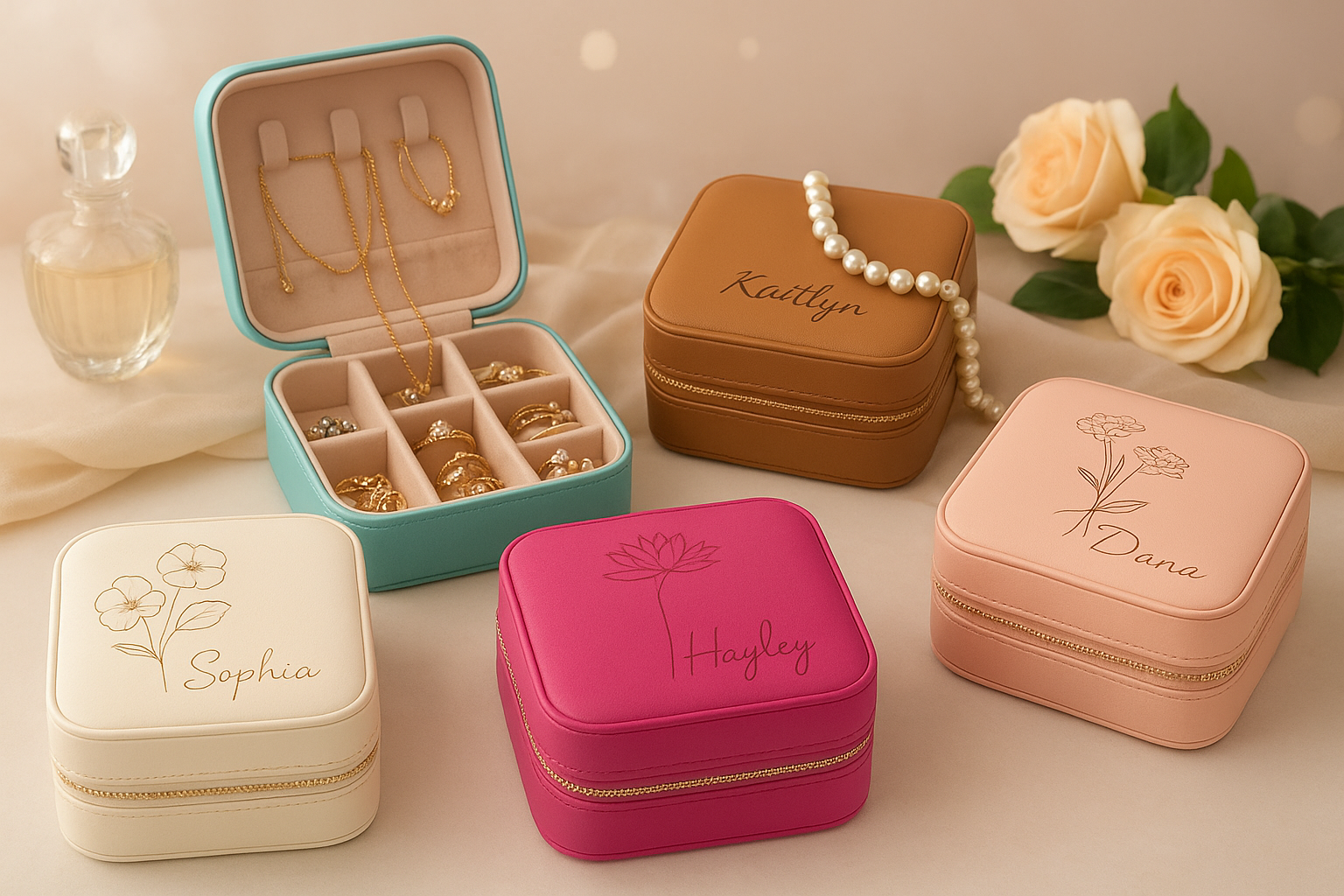 Personalized Travel Jewelry Box – Engraved Name, Bridesmaid Gift, Mother Day Gift