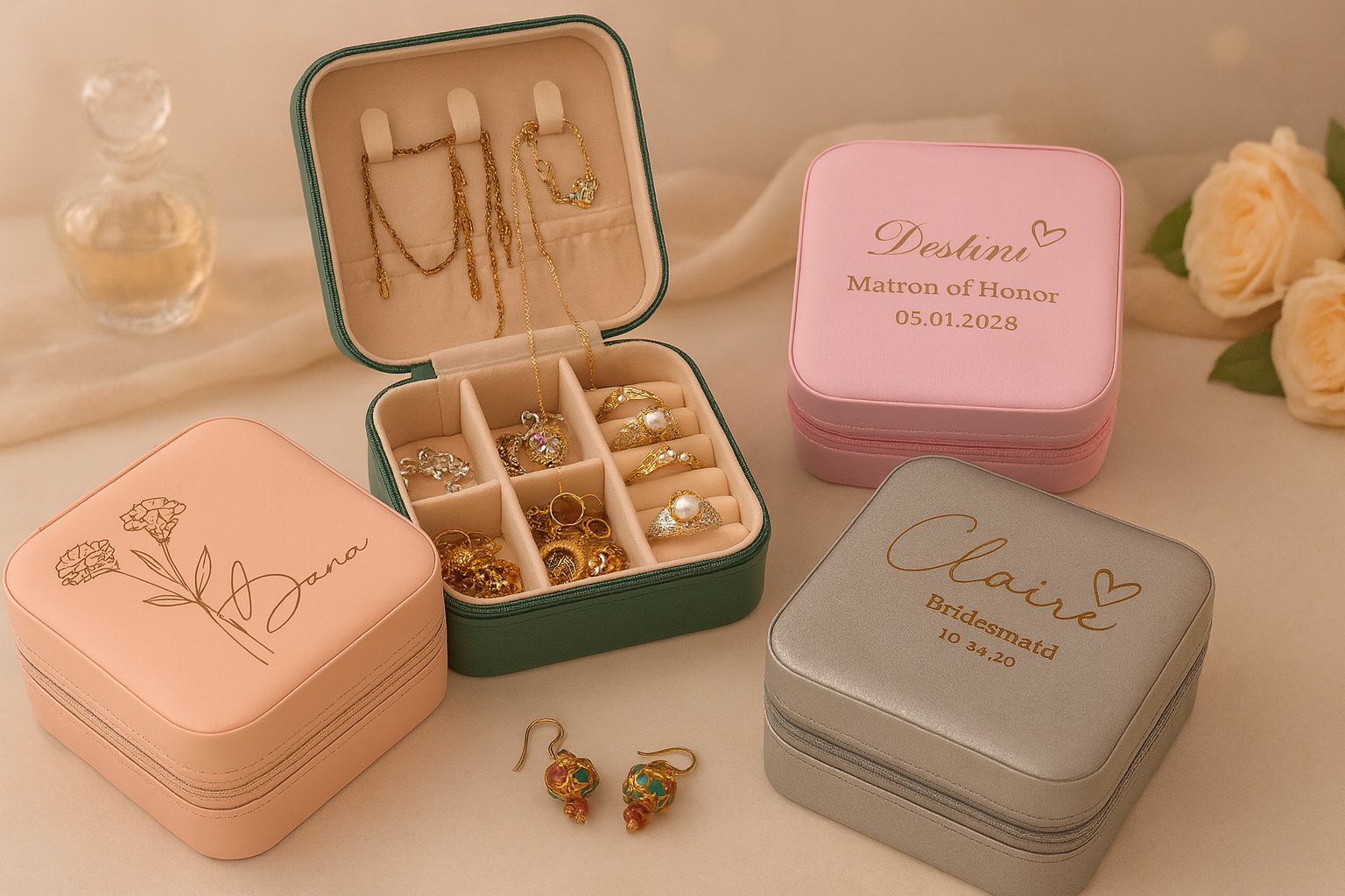 Personalized Travel Jewelry Box – Engraved Name, Bridesmaid Gift, Mother Day Gift