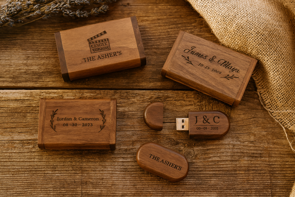 Personalized Wooden USB with Box Custom Logo, Name & Date Photo Storage Keepsake for Weddings, Gifts Branding Photographers Custom Engraved