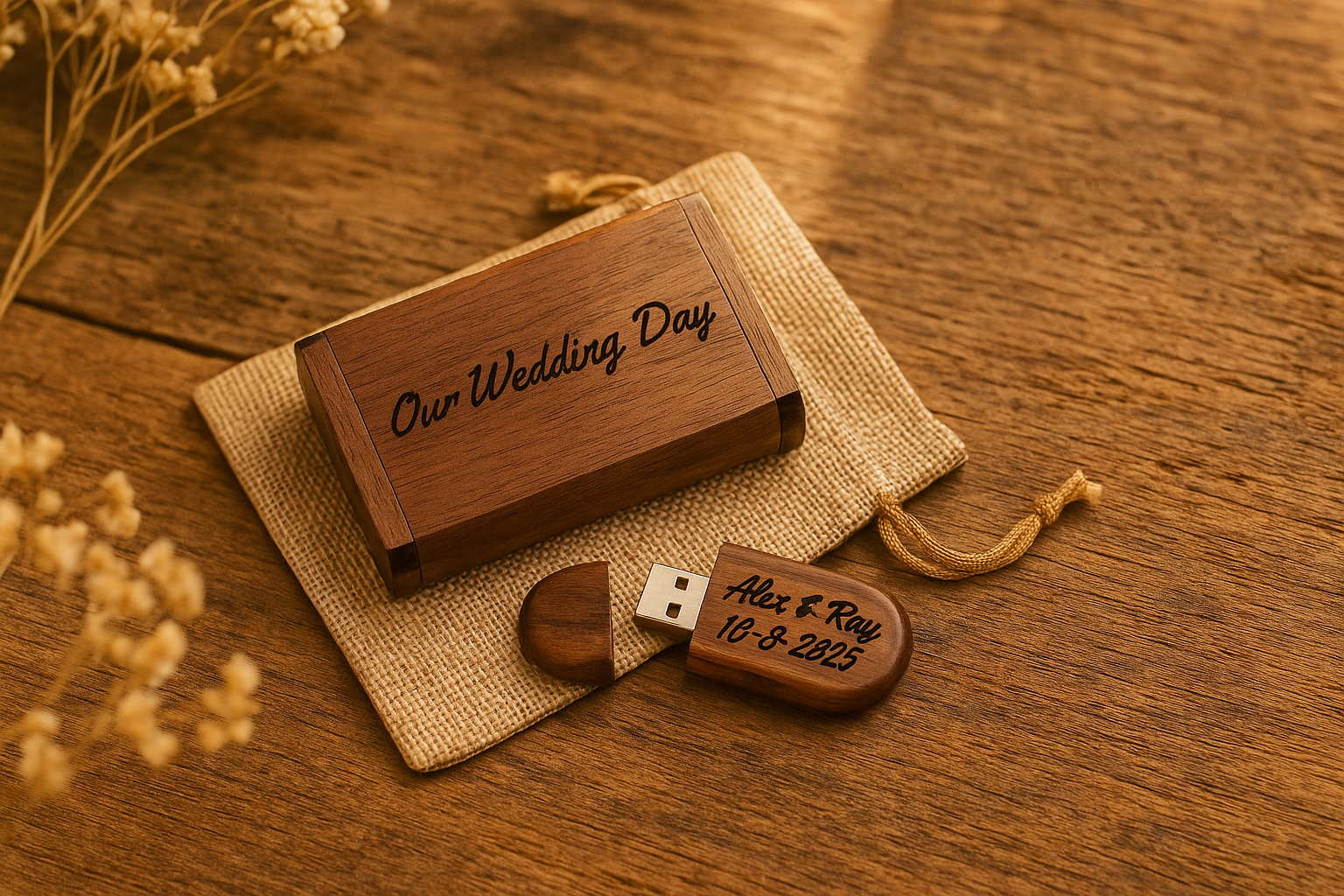Personalized Wooden USB with Box Custom Logo, Name & Date Photo Storage Keepsake for Weddings, Gifts Branding Photographers Custom Engraved