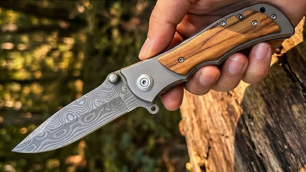 Personalized Engraved Wood Pocket Knife with Optional Gift Box Damascus