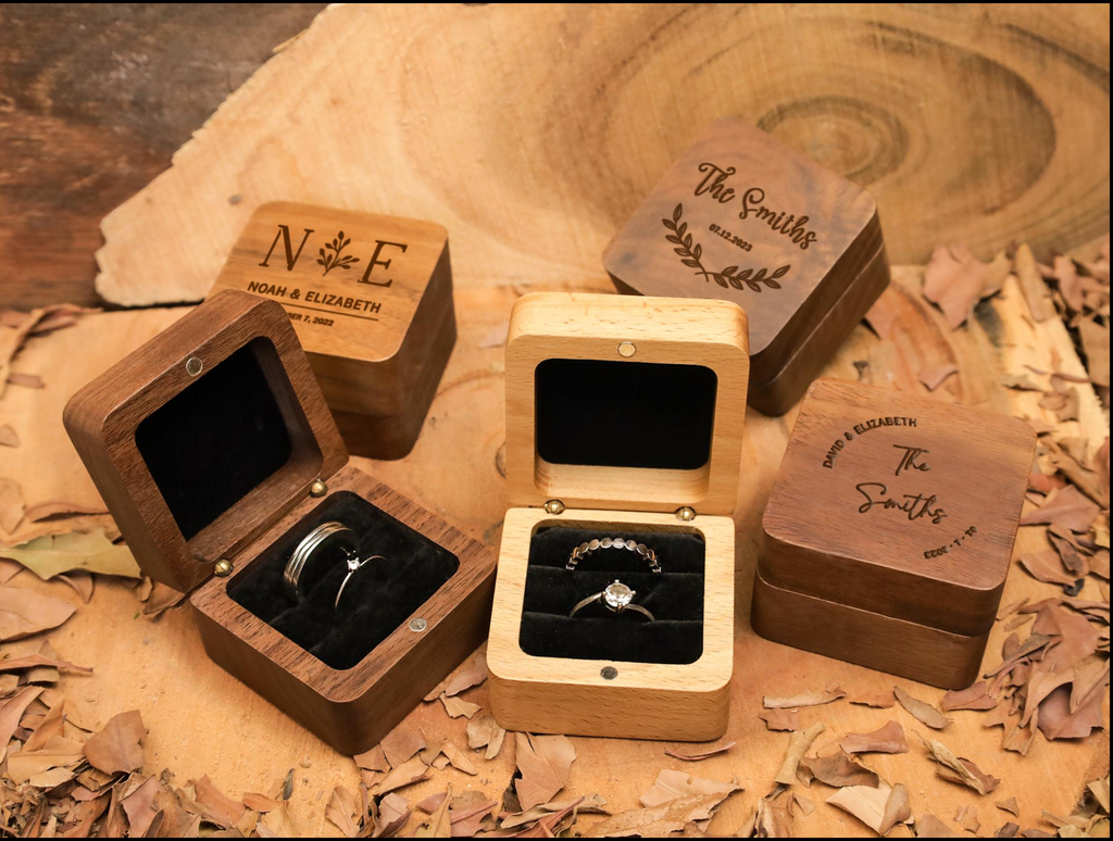 Engraved Walnut Wooden Ring Box , Personalized Anniversary&Engagement Keepsake, Ring Holder Box For Wedding Ceremony, Square Ring Bearer Box