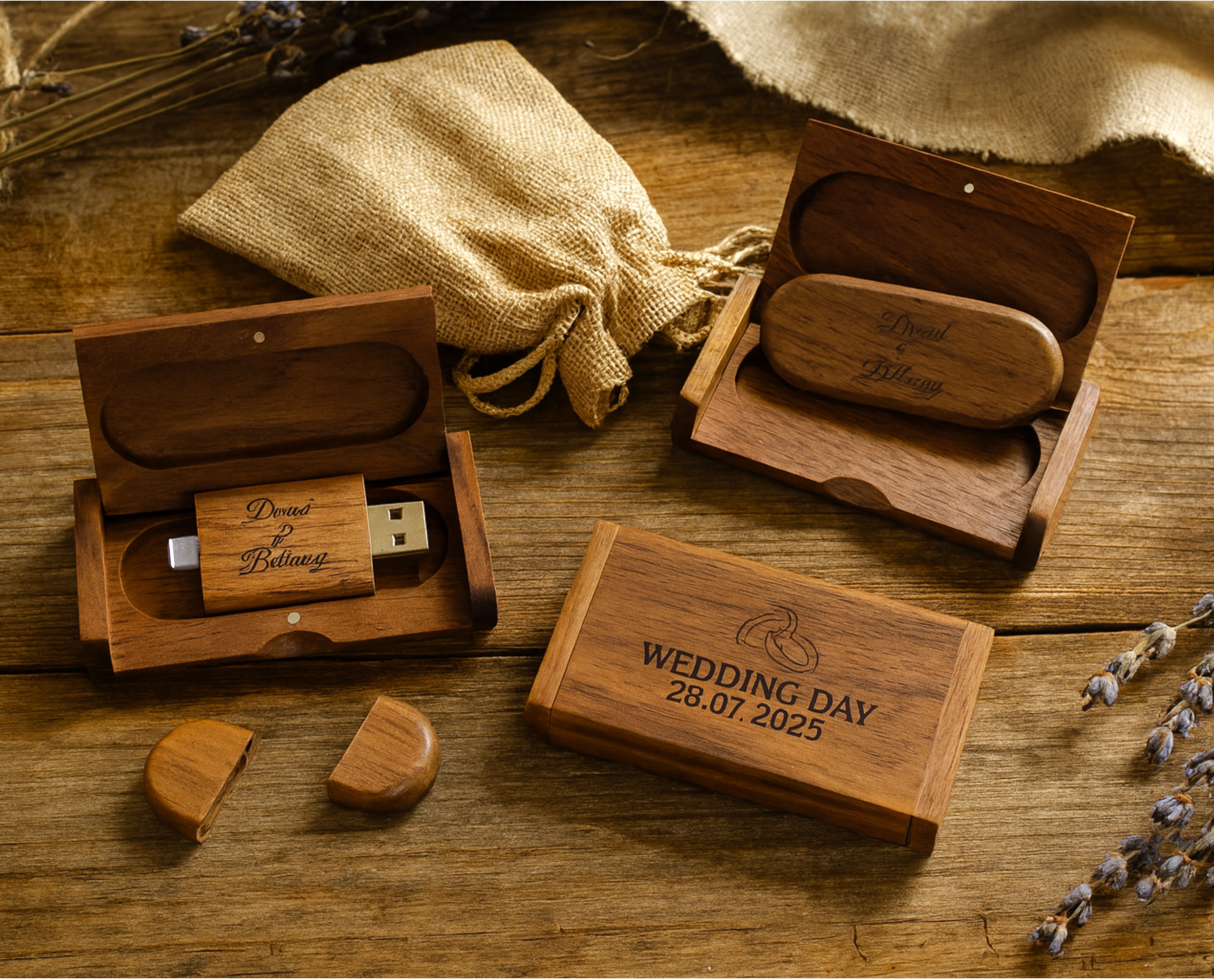 Engraved Wooden Dual USB C&A Flash Drive with Box: Personalized Wedding Photographer Gift