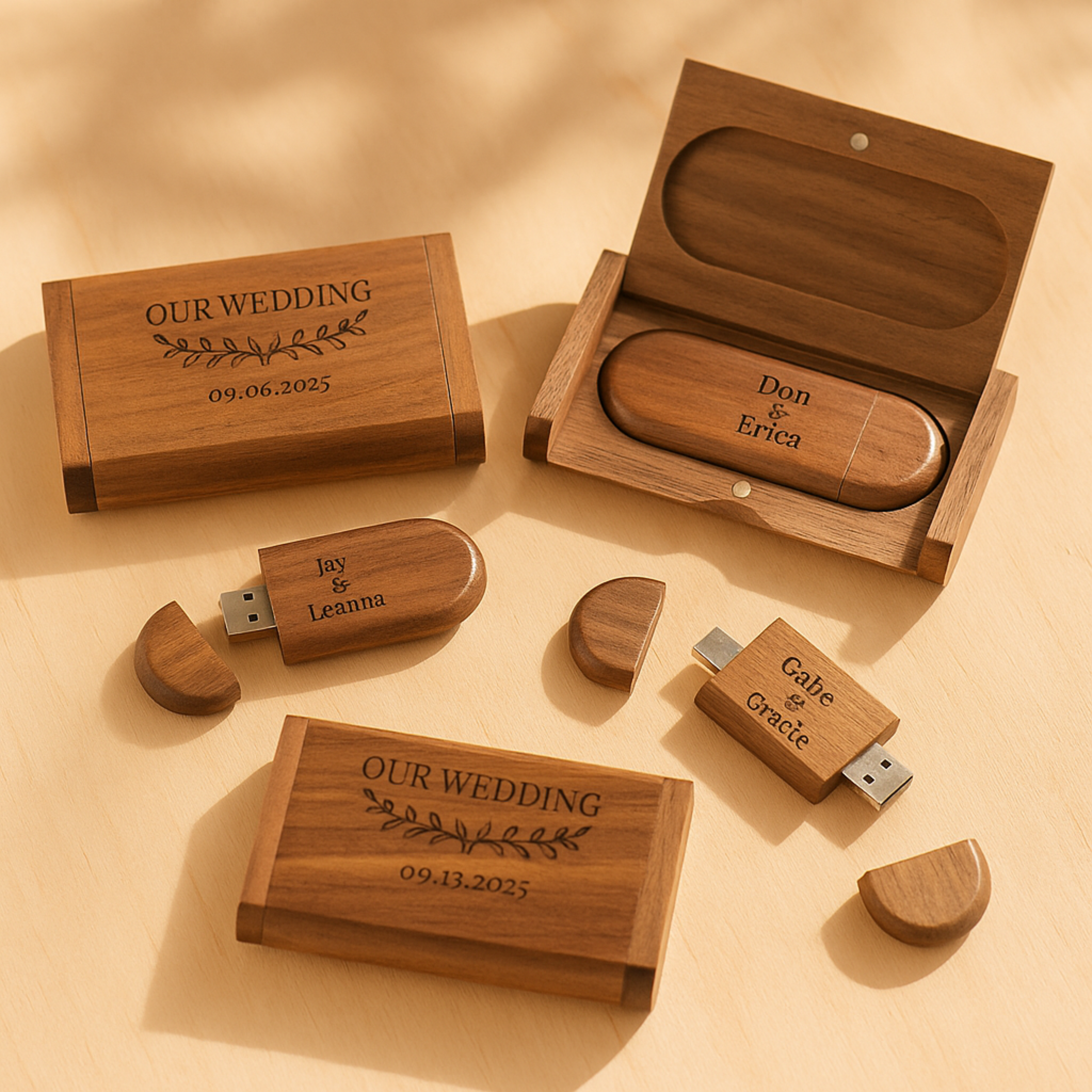 Engraved Wooden Dual USB C&A Flash Drive with Box: Personalized Wedding Photographer Gift