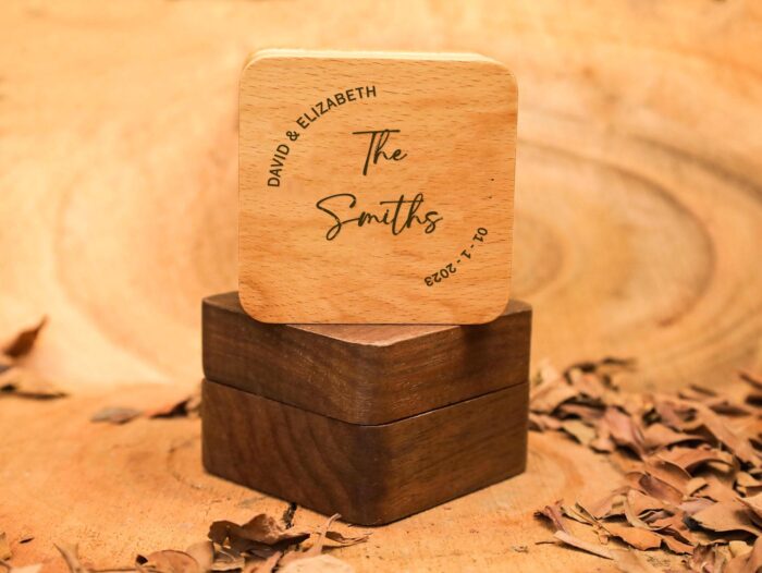 Engraved Walnut Wooden Ring Box , Personalized Anniversary&Engagement Keepsake, Ring Holder Box For Wedding Ceremony, Square Ring Bearer Box