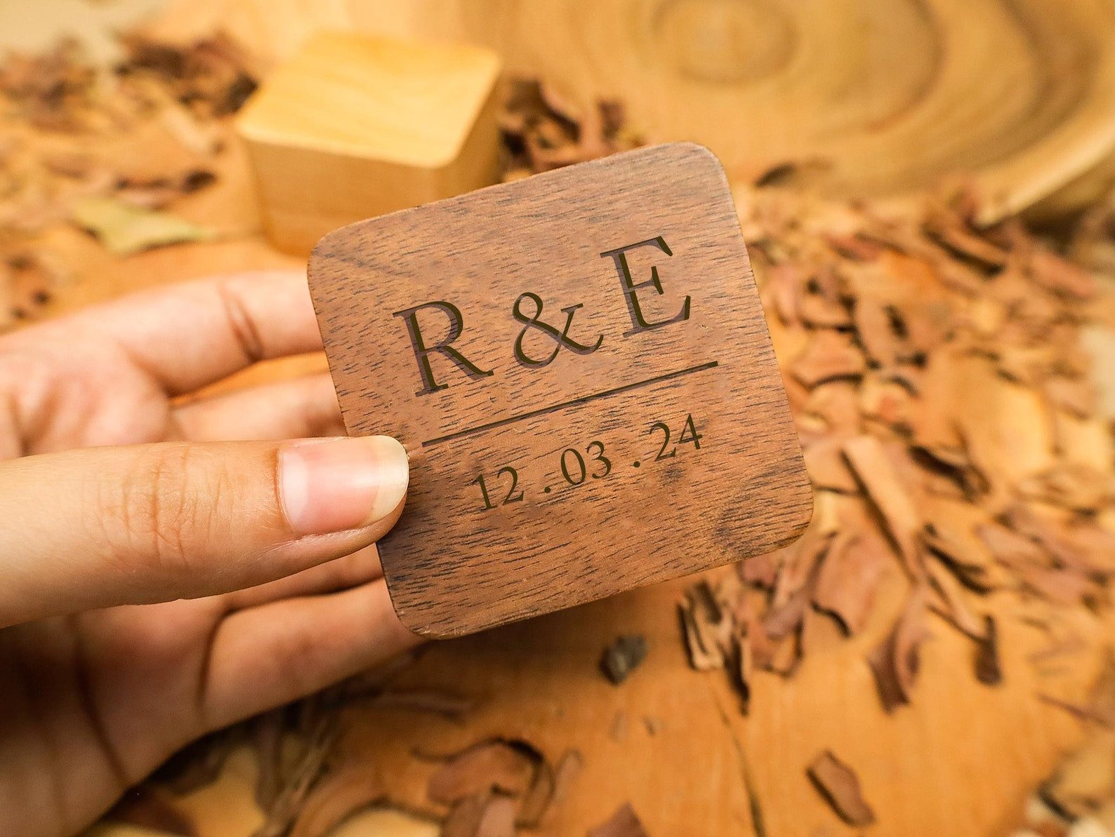Engraved Walnut Wooden Ring Box , Personalized Anniversary&Engagement Keepsake, Ring Holder Box For Wedding Ceremony, Square Ring Bearer Box