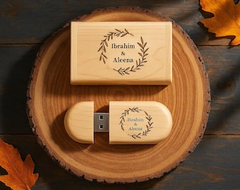 Personalized Wooden USB with Box Custom Logo, Name & Date Photo Storage Keepsake for Weddings, Gifts Branding Photographers Custom Engraved