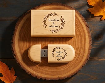 Personalized Wooden USB with Box Custom Logo, Name & Date Photo Storage Keepsake for Weddings, Gifts Branding Photographers Custom Engraved
