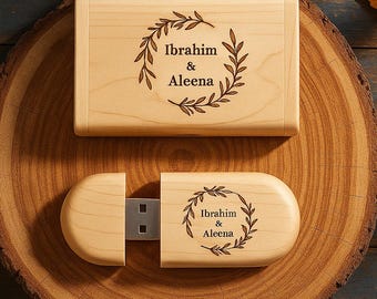 Personalized Wooden USB with Box Custom Logo, Name & Date Photo Storage Keepsake for Weddings, Gifts Branding Photographers Custom Engraved