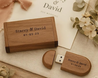 Personalized Wooden USB with Box Custom Logo, Name & Date Photo Storage Keepsake for Weddings, Gifts Branding Photographers Custom Engraved
