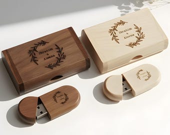 Personalized Wooden USB with Box Custom Logo, Name & Date Photo Storage Keepsake for Weddings, Gifts Branding Photographers Custom Engraved
