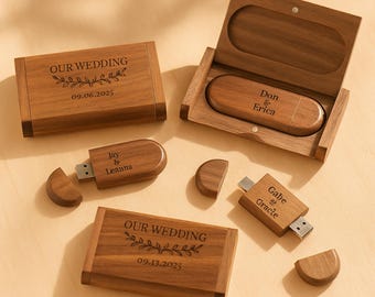Personalized Wooden USB with Box Custom Logo, Name & Date Photo Storage Keepsake for Weddings, Gifts Branding Photographers Custom Engraved