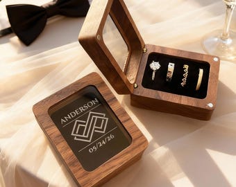 Engraved Walnut Wooden Ring Box , Personalized Anniversary&Engagement Keepsake, Ring Holder Box For Wedding Ceremony, Square Ring Bearer Box