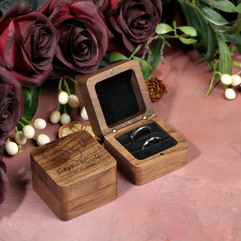Engraved Walnut Wooden Ring Box , Personalized Anniversary&Engagement Keepsake, Ring Holder Box For Wedding Ceremony, Square Ring Bearer Box