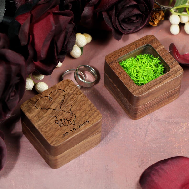 Engraved Walnut Wooden Ring Box , Personalized Anniversary&Engagement Keepsake, Ring Holder Box For Wedding Ceremony, Square Ring Bearer Box