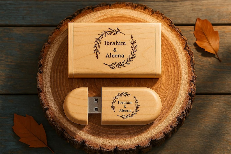 Personalized Wooden USB with Box Custom Logo, Name & Date Photo Storage Keepsake for Weddings, Gifts Branding Photographers Custom Engraved