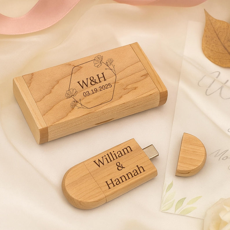 Engraved Wooden Dual USB C&A Flash Drive with Box: Personalized Wedding Photographer Gift