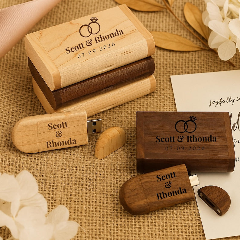 Engraved Wooden Dual USB C&A Flash Drive with Box: Personalized Wedding Photographer Gift